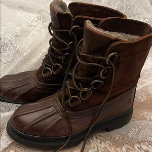 Frye D-Ring Shearling Lined Brown Leather Duck Lace-Up Boots